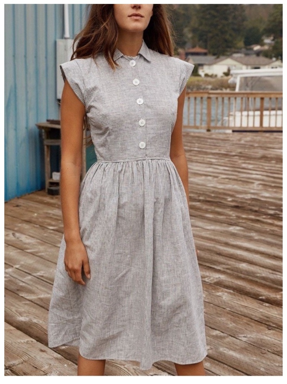 Christy Dawn Piper Blue White Pinstripe Retro Midi Dress Size Small French Girl - Picture 4 of 14